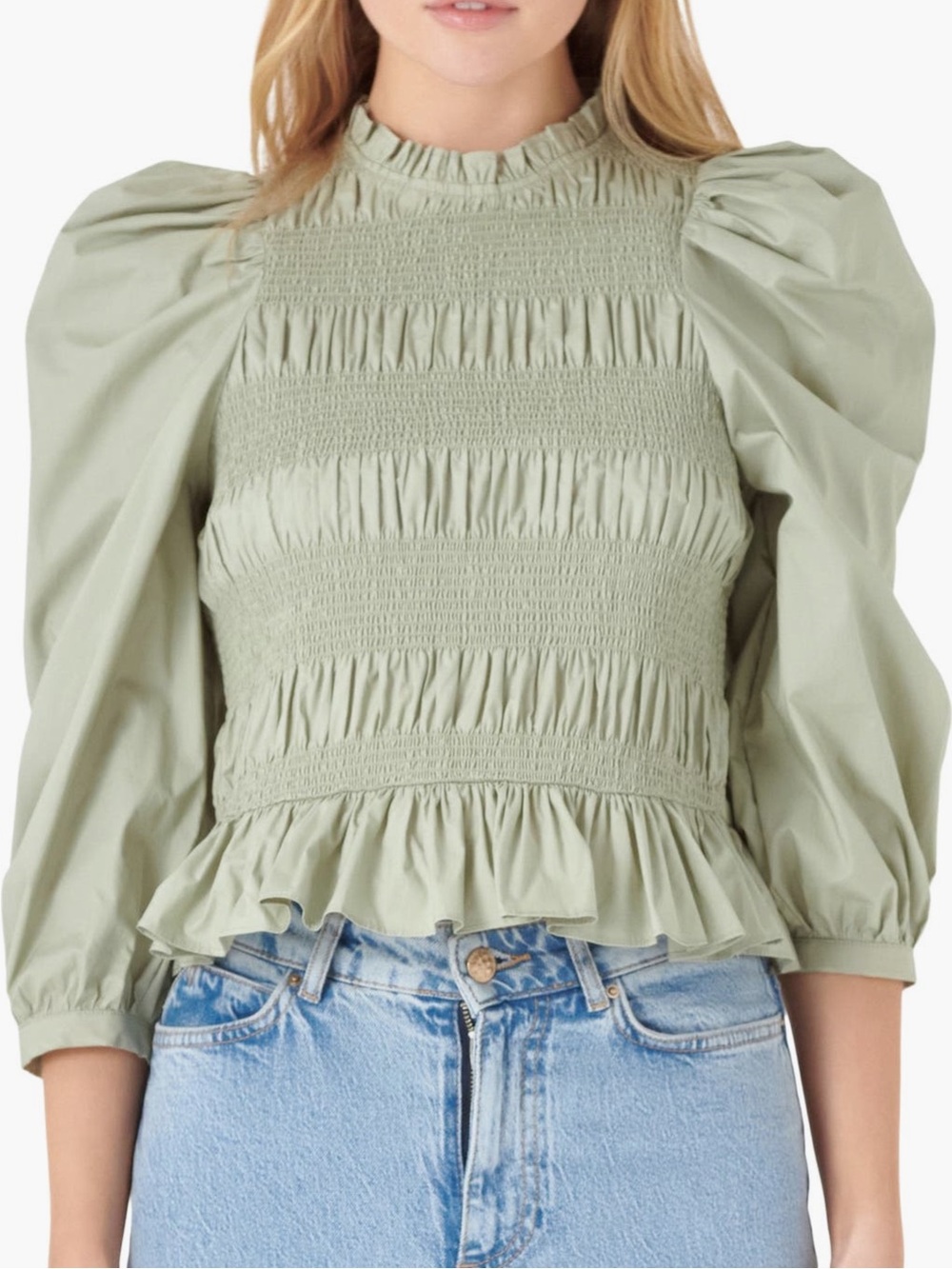 English Factory Sage Green Smocked Peplum Puff-Sleeve Top